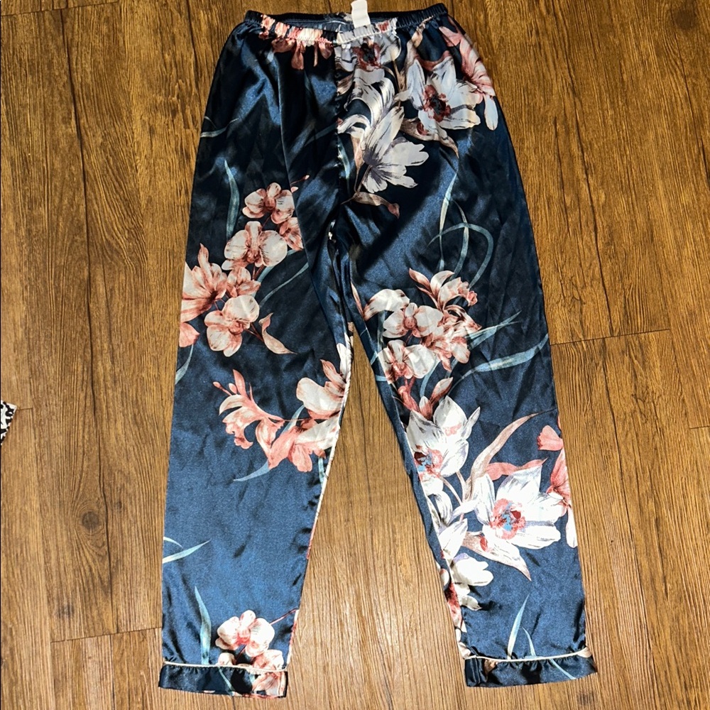 Floral Satin Pajama Pants in Black and Pink